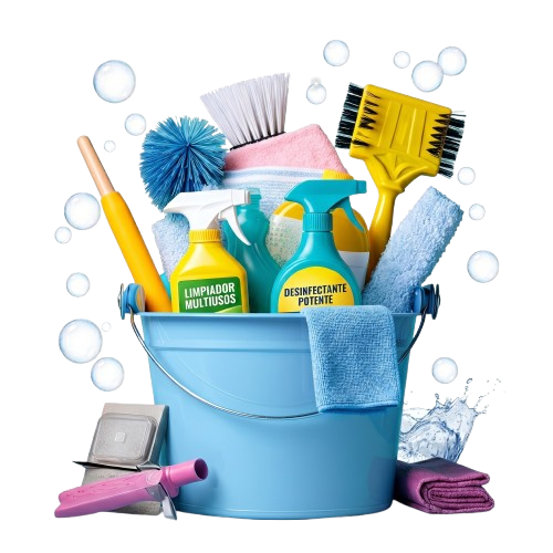 Cubeta azul con productos de limpieza